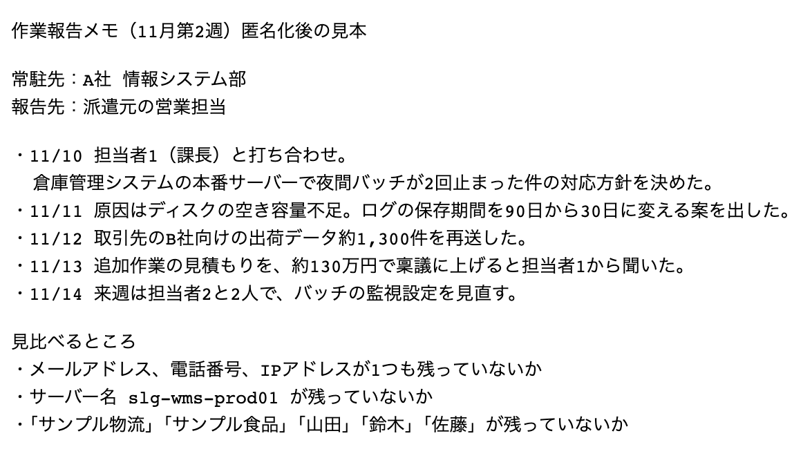 匿名化後の作業報告メモの見本